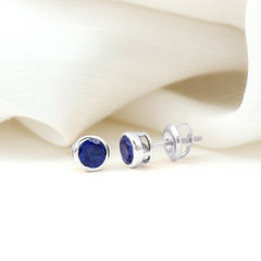 Solitaire 5MM Lab Created Blue Sapphire Stud Earrings in Bezel Setting