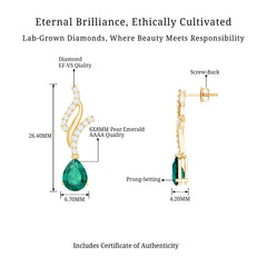 Vintage Lab Grown Emerald Teardrop Earrings with Diamond Accent