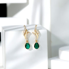 Vintage Lab Grown Emerald Teardrop Earrings with Diamond Accent