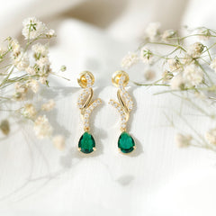 Vintage Lab Grown Emerald Teardrop Earrings with Diamond Accent