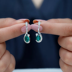 Oval 2.5 Carat Lab Grown Emerald Bridal Drop Earrings in Sterling Silver