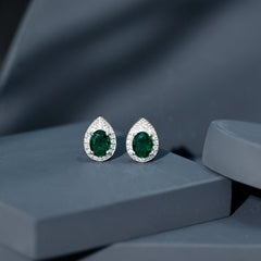 2.5 Carat Lab Grown Emerald Teardrop Stud Earrings with Moissanite Halo