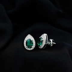 2.5 Carat Lab Grown Emerald Teardrop Stud Earrings with Moissanite Halo