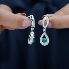 Sterling Silver 1.6 Carat Lab Grown Emerald Teardrop Earrings for Women