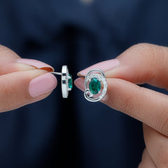 Oval Shaped 1.7 Carat Lab Grown Emerald Designer Earrings in Sterling Silver