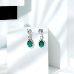 Vintage Inspired 2.5 Carat Oval Lab Emerald Drop Earrings in Silver