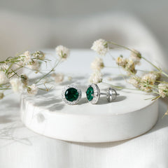 Certified 1.6 Carat Lab Created Emerald and Moissanite Halo Stud Earrings