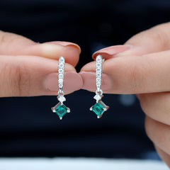 Princess Cut 0.7 Carat Lab Grown Emerald Drop Earrings with Moissanite