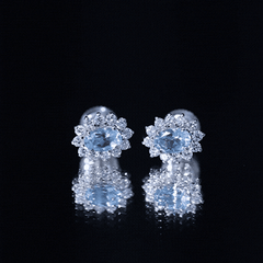 Real 0.8 Carat Oval Aquamarine Stud Earrings with Lab Diamond Halo