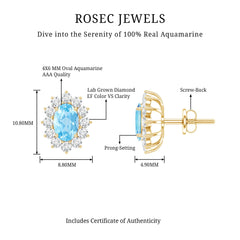 Real 0.8 Carat Oval Aquamarine Stud Earrings with Lab Diamond Halo