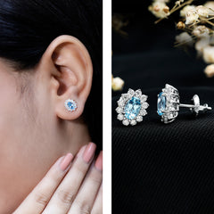 Real 0.8 Carat Oval Aquamarine Stud Earrings with Lab Diamond Halo