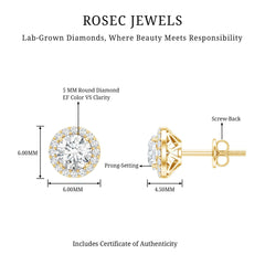 5 MM Round Lab Grown Diamond Halo Stud Earrings With Screw Back