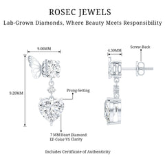 Heart Shaped Lab Grown Diamond Butterfly Drop Earrings