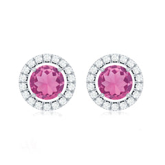 Natural Pink Tourmaline and Diamond Halo Stud Earrings