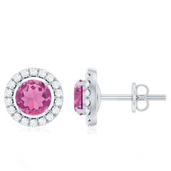 Natural Pink Tourmaline and Diamond Halo Stud Earrings