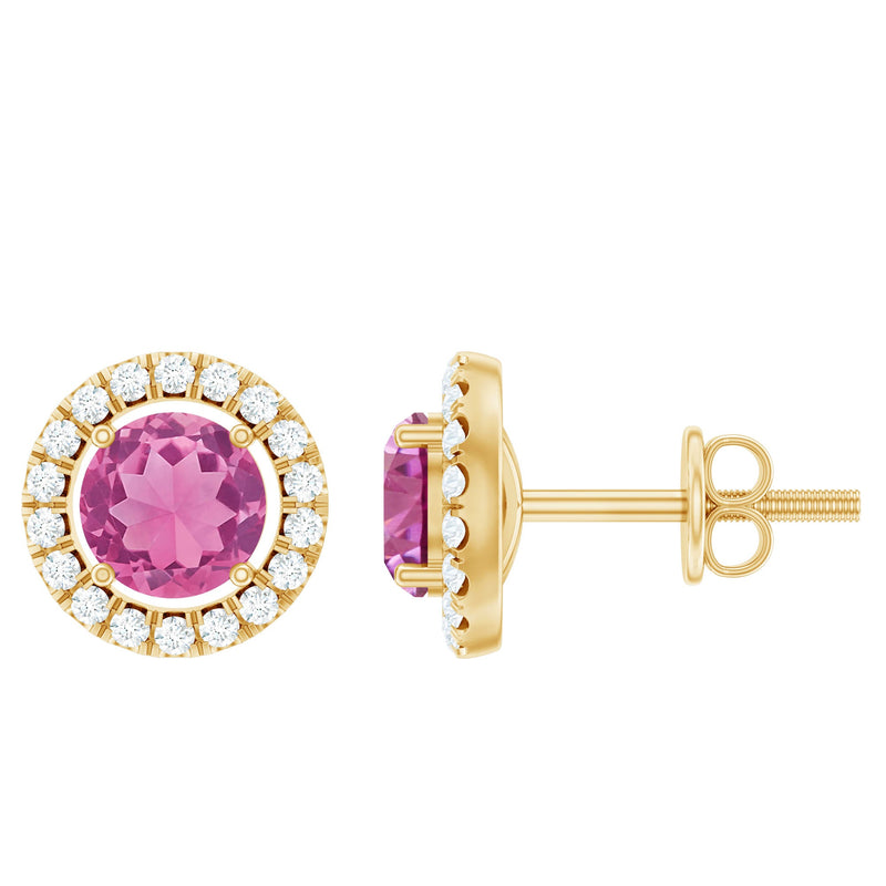 Natural Pink Tourmaline and Diamond Halo Stud Earrings