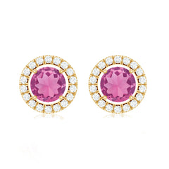 Natural Pink Tourmaline and Diamond Halo Stud Earrings