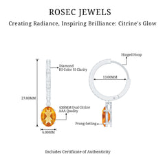 Oval Shape Citrine Hoop Drop Earrings with Diamond