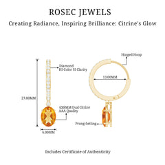 Oval Shape Citrine Hoop Drop Earrings with Diamond