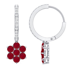 Certified Ruby Flower Drop Earrings with Moissanite Hoop