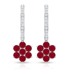 Certified Ruby Flower Drop Earrings with Moissanite Hoop