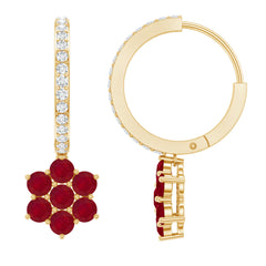 Certified Ruby Flower Drop Earrings with Moissanite Hoop
