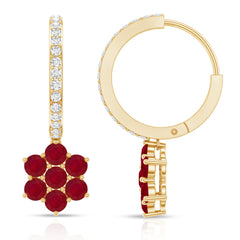 Certified Ruby Flower Drop Earrings with Moissanite Hoop