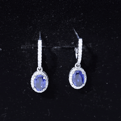 Lab Grown Blue Sapphire Hoop Drop Earrings with Moissanite Halo