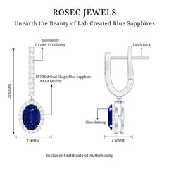 Lab Grown Blue Sapphire Hoop Drop Earrings with Moissanite Halo
