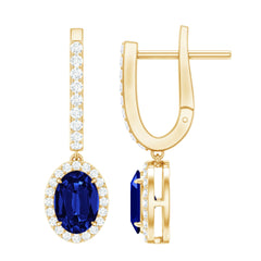 Lab Grown Blue Sapphire Hoop Drop Earrings with Moissanite Halo