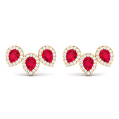 1.75 CT Created Ruby and Diamond Halo 3 Stone Earrings