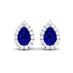 Lab Created Blue Sapphire Teardrop Stud Earrings with Diamond Halo