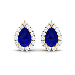 Lab Created Blue Sapphire Teardrop Stud Earrings with Diamond Halo