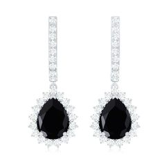 Natural 6X8mm Black Spinel Teardrop Earrings with Moissanite Halo