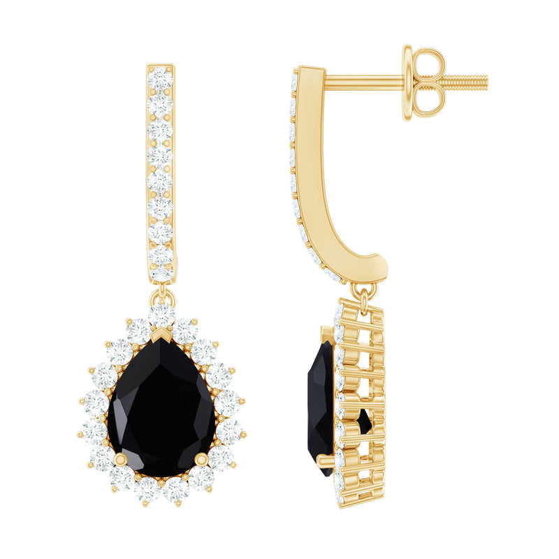 Natural 6X8mm Black Spinel Teardrop Earrings with Moissanite Halo