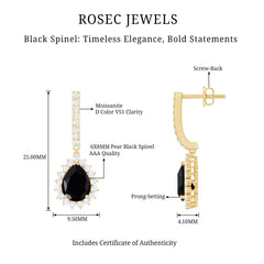 Natural 6X8mm Black Spinel Teardrop Earrings with Moissanite Halo