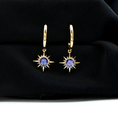 Real Tanzanite Sunburst Hoop Drop Earrings