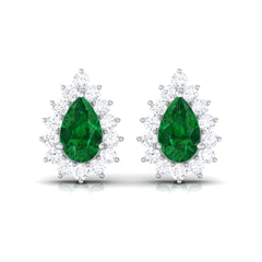 Lab Created Emerald Teardrop Stud Earrings with Moissanite Halo