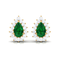 Lab Created Emerald Teardrop Stud Earrings with Moissanite Halo
