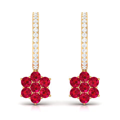 Lab Created Ruby Flower Drop Hoop Earrings with Diamond