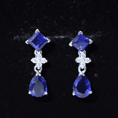Lab Created Blue Sapphire Wedding Drop Earrings with Moissanite