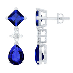 Lab Created Blue Sapphire Wedding Drop Earrings with Moissanite