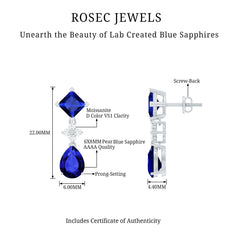 Lab Created Blue Sapphire Wedding Drop Earrings with Moissanite