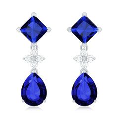Lab Created Blue Sapphire Wedding Drop Earrings with Moissanite