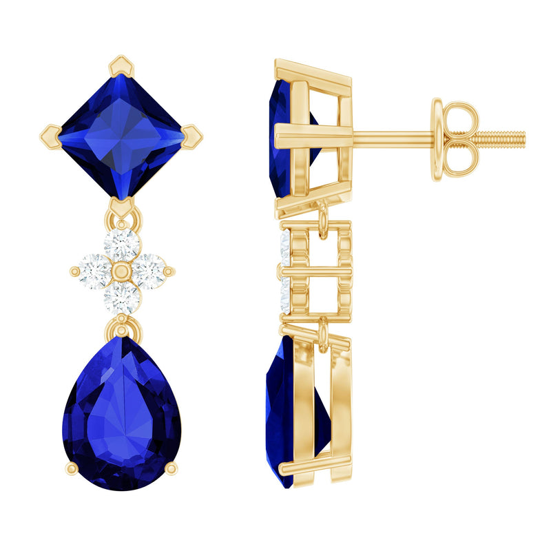 Lab Created Blue Sapphire Wedding Drop Earrings with Moissanite