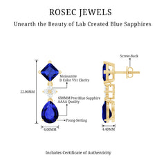 Lab Created Blue Sapphire Wedding Drop Earrings with Moissanite