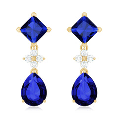 Lab Created Blue Sapphire Wedding Drop Earrings with Moissanite