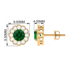 Lab Created Emerald Floral Stud Earrings with Diamond Halo