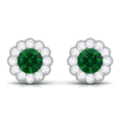 Lab Created Emerald Floral Stud Earrings with Diamond Halo
