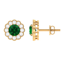 Lab Created Emerald Floral Stud Earrings with Diamond Halo